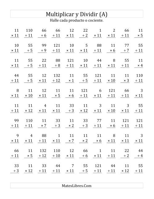 La hoja de ejercicios de Multiplicar y Dividir por 11 (A)
