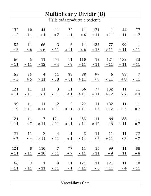 La hoja de ejercicios de Multiplicar y Dividir por 11 (B)
