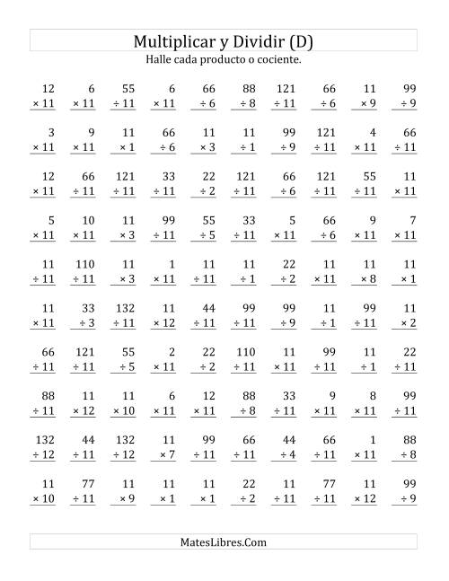 La hoja de ejercicios de Multiplicar y Dividir por 11 (D)