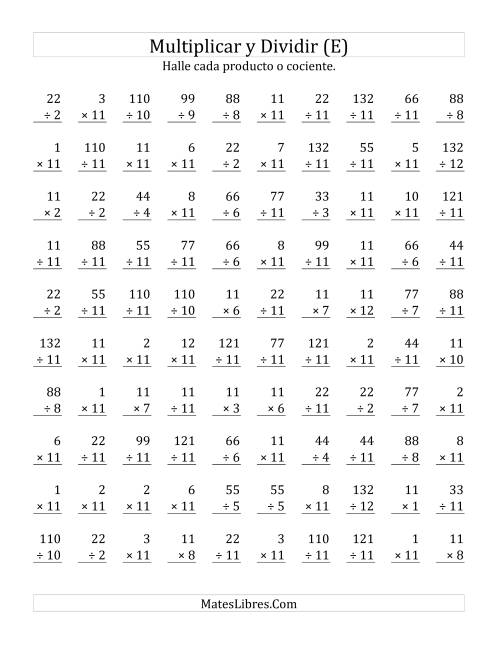 La hoja de ejercicios de Multiplicar y Dividir por 11 (E)