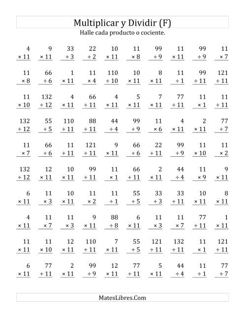 La hoja de ejercicios de Multiplicar y Dividir por 11 (F)