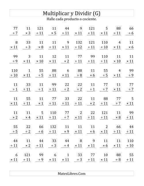 La hoja de ejercicios de Multiplicar y Dividir por 11 (G)