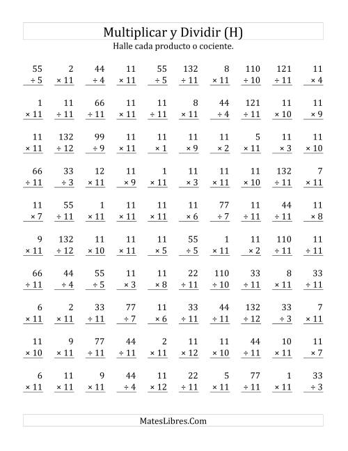 La hoja de ejercicios de Multiplicar y Dividir por 11 (H)