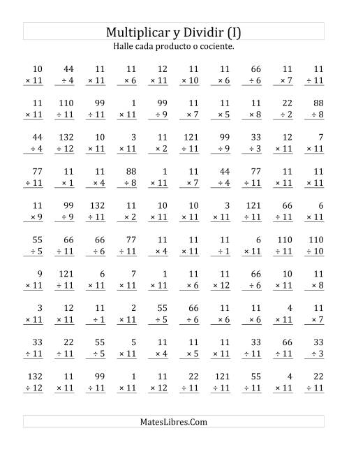 La hoja de ejercicios de Multiplicar y Dividir por 11 (I)
