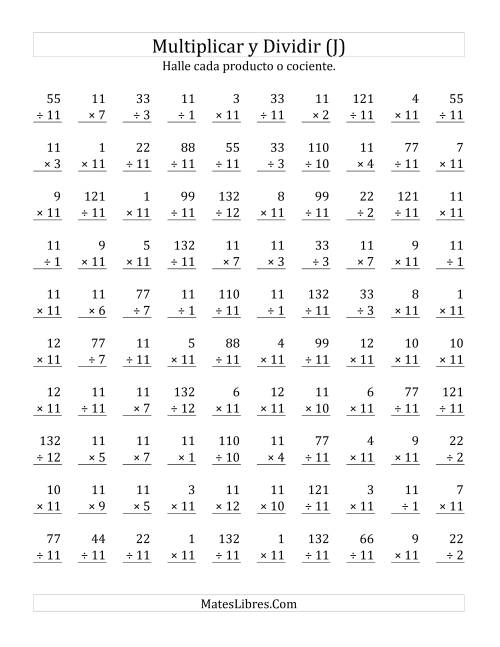 La hoja de ejercicios de Multiplicar y Dividir por 11 (J)