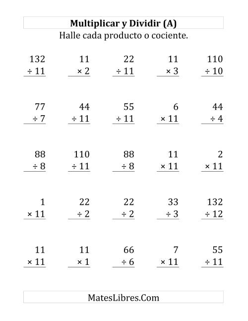 La hoja de ejercicios de Multiplicar y Dividir por 11 (Grande)