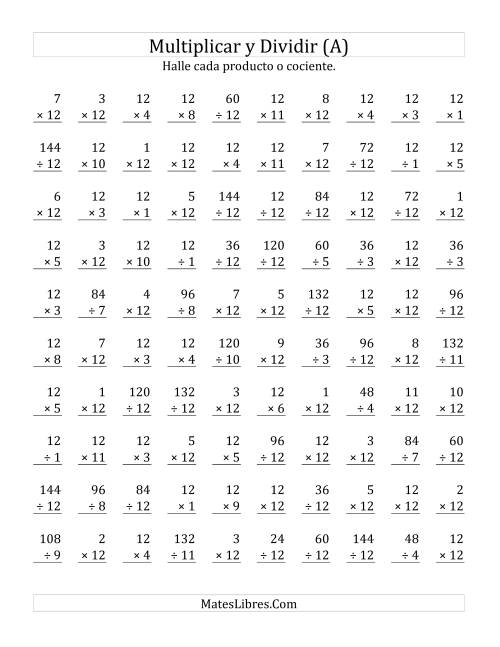 La hoja de ejercicios de Multiplicar y Dividir por 12 (A)