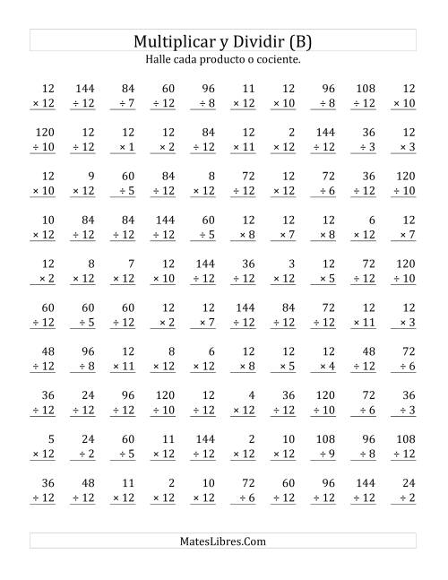 La hoja de ejercicios de Multiplicar y Dividir por 12 (B)