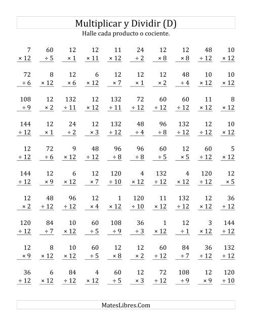 La hoja de ejercicios de Multiplicar y Dividir por 12 (D)