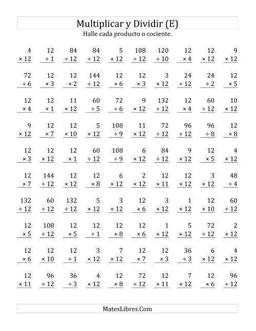 La hoja de ejercicios de Multiplicar y Dividir por 12 (E)