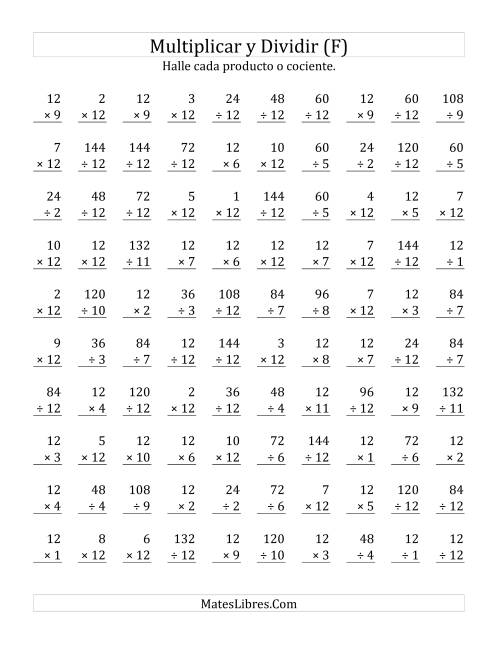 La hoja de ejercicios de Multiplicar y Dividir por 12 (F)