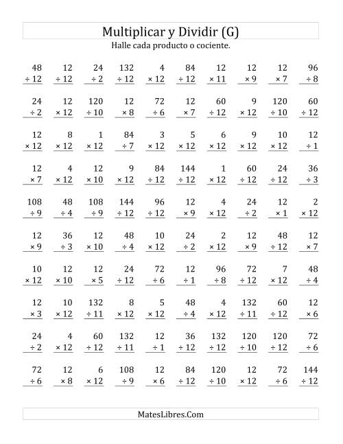La hoja de ejercicios de Multiplicar y Dividir por 12 (G)