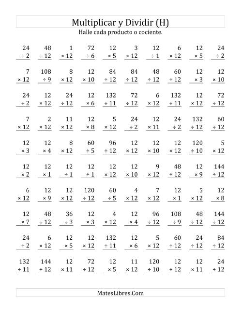 La hoja de ejercicios de Multiplicar y Dividir por 12 (H)
