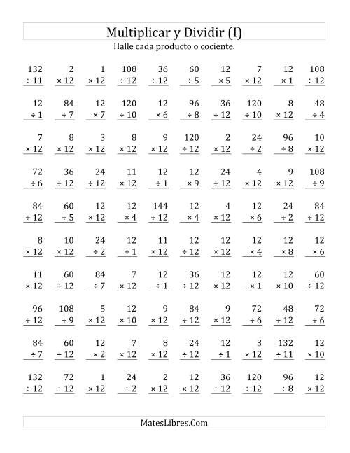 La hoja de ejercicios de Multiplicar y Dividir por 12 (I)
