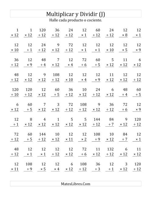 La hoja de ejercicios de Multiplicar y Dividir por 12 (J)