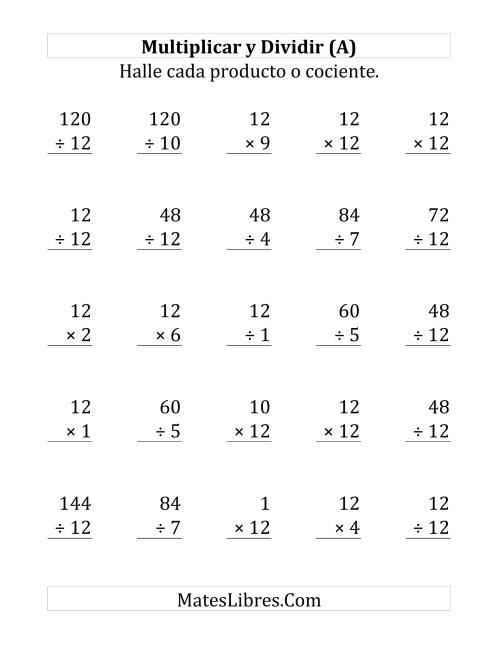 La hoja de ejercicios de Multiplicar y Dividir por 12 (Grande)