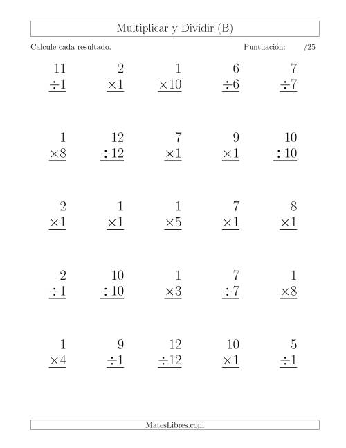 La hoja de ejercicios de Multiplicar y Dividir por 1, Formato Grande, 25 Ejercicios por Página (B)