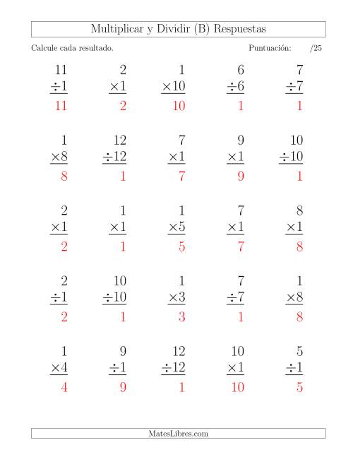 La hoja de ejercicios de Multiplicar y Dividir por 1, Formato Grande, 25 Ejercicios por Página (B) Página 2