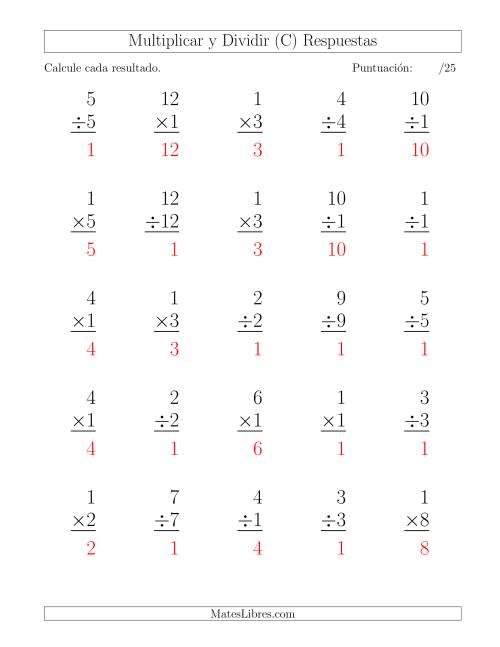 La hoja de ejercicios de Multiplicar y Dividir por 1, Formato Grande, 25 Ejercicios por Página (C) Página 2