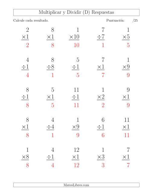 La hoja de ejercicios de Multiplicar y Dividir por 1, Formato Grande, 25 Ejercicios por Página (D) Página 2
