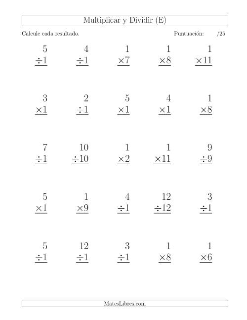 La hoja de ejercicios de Multiplicar y Dividir por 1, Formato Grande, 25 Ejercicios por Página (E)