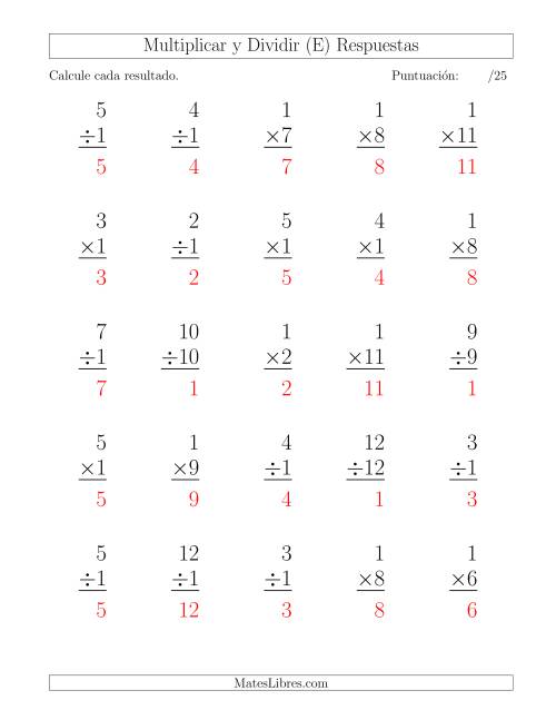 La hoja de ejercicios de Multiplicar y Dividir por 1, Formato Grande, 25 Ejercicios por Página (E) Página 2