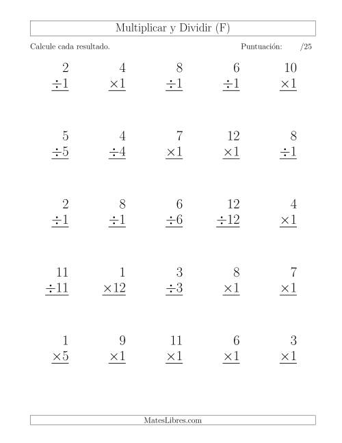 La hoja de ejercicios de Multiplicar y Dividir por 1, Formato Grande, 25 Ejercicios por Página (F)