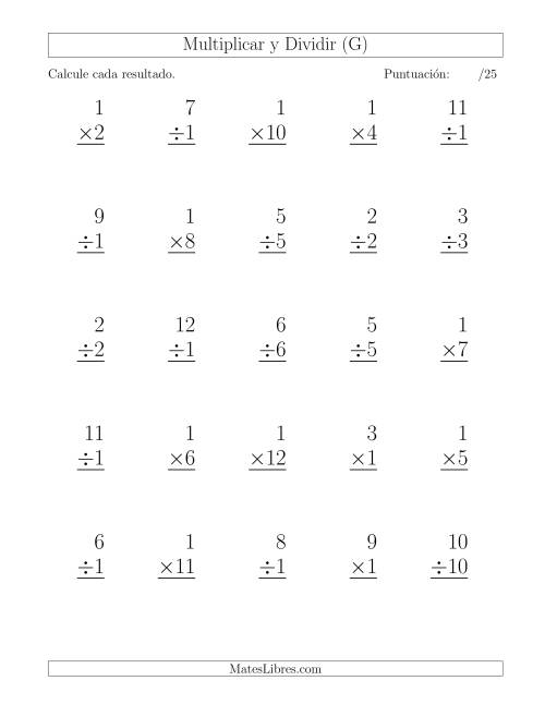 La hoja de ejercicios de Multiplicar y Dividir por 1, Formato Grande, 25 Ejercicios por Página (G)
