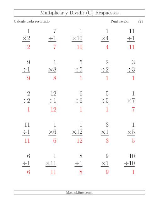 La hoja de ejercicios de Multiplicar y Dividir por 1, Formato Grande, 25 Ejercicios por Página (G) Página 2