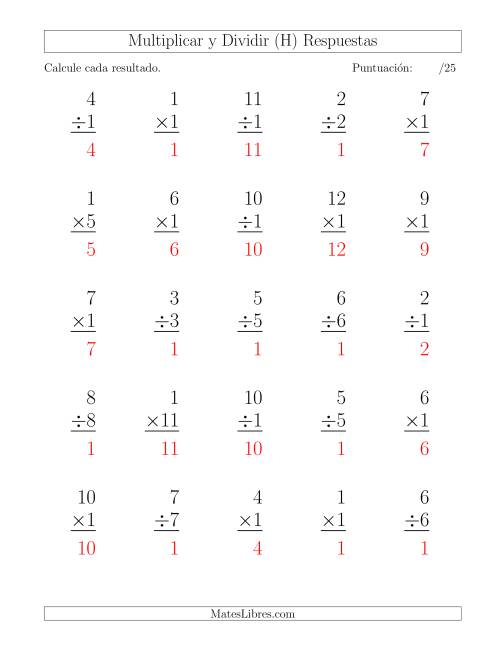 La hoja de ejercicios de Multiplicar y Dividir por 1, Formato Grande, 25 Ejercicios por Página (H) Página 2