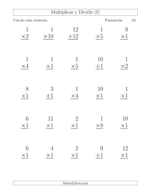 La hoja de ejercicios de Multiplicar y Dividir por 1, Formato Grande, 25 Ejercicios por Página (I)