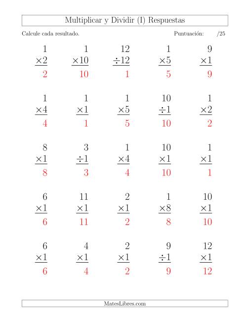La hoja de ejercicios de Multiplicar y Dividir por 1, Formato Grande, 25 Ejercicios por Página (I) Página 2