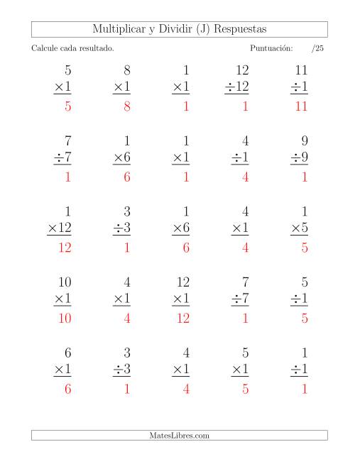 La hoja de ejercicios de Multiplicar y Dividir por 1, Formato Grande, 25 Ejercicios por Página (J) Página 2