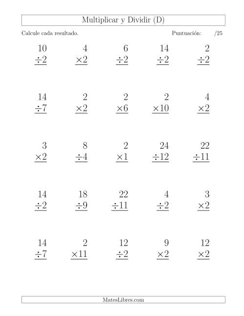 La hoja de ejercicios de Multiplicar y Dividir por 2, Formato Grande, 25 Ejercicios por Página (D)