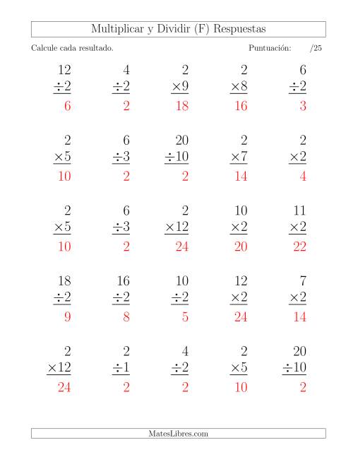 La hoja de ejercicios de Multiplicar y Dividir por 2, Formato Grande, 25 Ejercicios por Página (F) Página 2