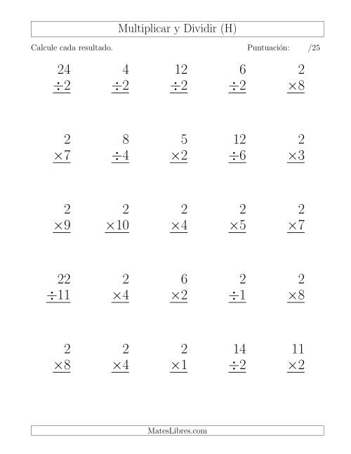 La hoja de ejercicios de Multiplicar y Dividir por 2, Formato Grande, 25 Ejercicios por Página (H)