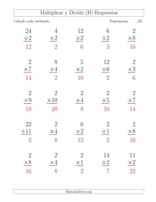 La hoja de ejercicios de Multiplicar y Dividir por 2, Formato Grande, 25 Ejercicios por Página (H) Página 2