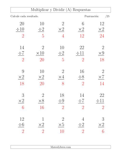 La hoja de ejercicios de Multiplicar y Dividir por 2, Formato Grande, 25 Ejercicios por Página (Todas) Página 2