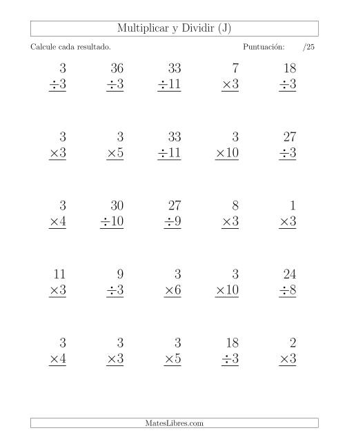 La hoja de ejercicios de Multiplicar y Dividir por 3, Formato Grande, 25 Ejercicios por Página (J)