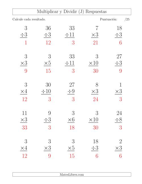 La hoja de ejercicios de Multiplicar y Dividir por 3, Formato Grande, 25 Ejercicios por Página (J) Página 2
