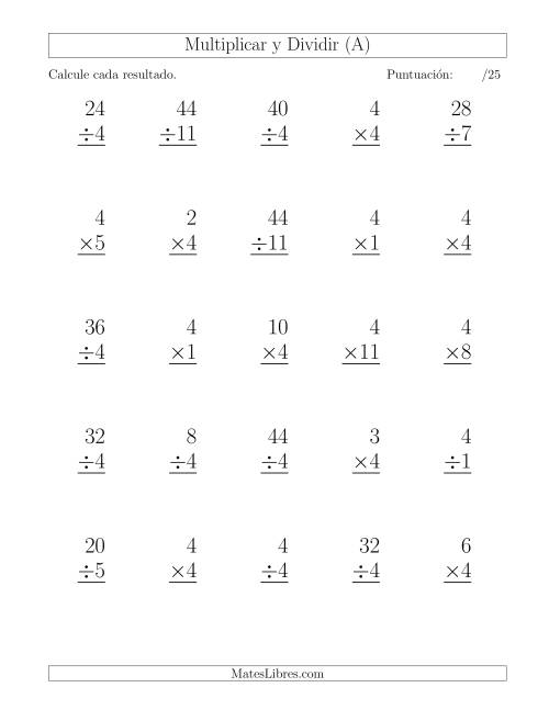 La hoja de ejercicios de Multiplicar y Dividir por 4, Formato Grande, 25 Ejercicios por Página (A)