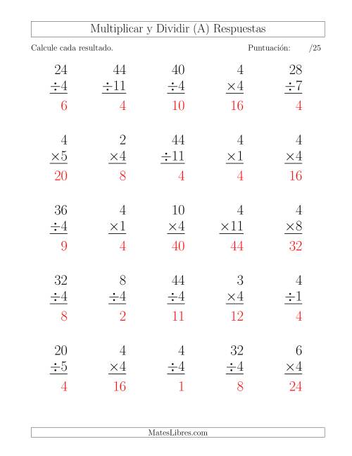 La hoja de ejercicios de Multiplicar y Dividir por 4, Formato Grande, 25 Ejercicios por Página (A) Página 2