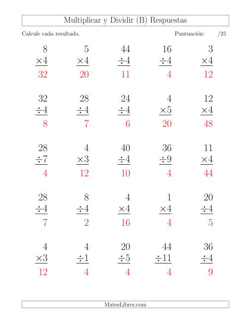 La hoja de ejercicios de Multiplicar y Dividir por 4, Formato Grande, 25 Ejercicios por Página (B) Página 2