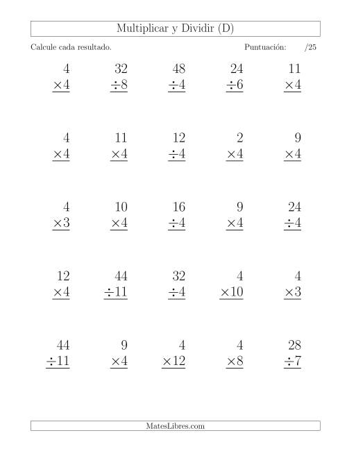 La hoja de ejercicios de Multiplicar y Dividir por 4, Formato Grande, 25 Ejercicios por Página (D)