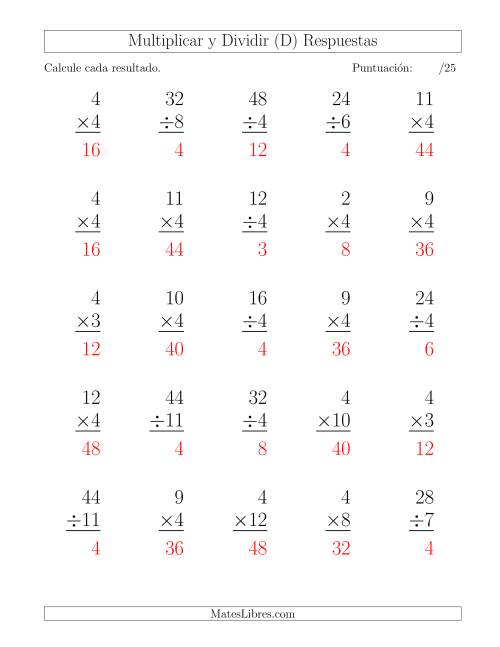 La hoja de ejercicios de Multiplicar y Dividir por 4, Formato Grande, 25 Ejercicios por Página (D) Página 2