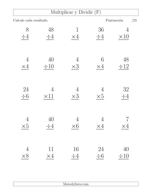 La hoja de ejercicios de Multiplicar y Dividir por 4, Formato Grande, 25 Ejercicios por Página (F)