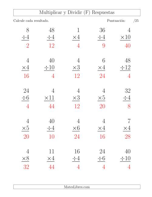La hoja de ejercicios de Multiplicar y Dividir por 4, Formato Grande, 25 Ejercicios por Página (F) Página 2