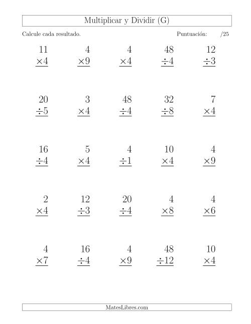 La hoja de ejercicios de Multiplicar y Dividir por 4, Formato Grande, 25 Ejercicios por Página (G)