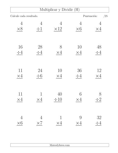 La hoja de ejercicios de Multiplicar y Dividir por 4, Formato Grande, 25 Ejercicios por Página (H)