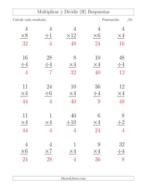 La hoja de ejercicios de Multiplicar y Dividir por 4, Formato Grande, 25 Ejercicios por Página (H) Página 2